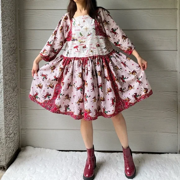 Western Rodeo | US Map | Handmade Bandana Dress SKU 05296 Red/Cowboy - Picture 5 of 16